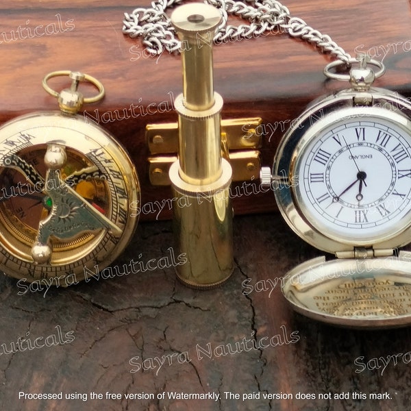 Set of Push Button Brass Pocket Watch,Push Button Sundial Compass & Brass Telescope Keychain | Personalized Gift for Couples | Keepsake Box