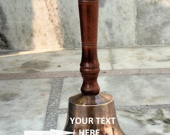 Engraved Brass Hand Bell: Large School Bell with Wood Handle