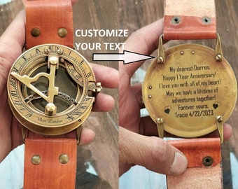 Personalized Brass Sundial Compass Watch: Steampunk Leather Strap