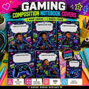 May include: A digital collection of six gaming-themed composition notebook covers featuring vibrant neon graphics of controllers, headsets, and text like Level Up, Game On, and Eat Sleep Game Repeat, presented as a set of 12 printable PDF files.