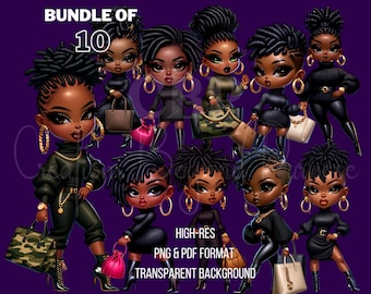 Chibi-Style African American, Fashionistas, Digital PDF, PNG Bundle of 10, Print on Demand, Unique Dolls, Digital Art, Stylish Dreadlocks
