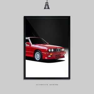Può includere: Un'auto sportiva rossa BMW M3 con accenti neri e ruote bianche. L'auto è rivolta verso la fotocamera ed è posizionata su uno sfondo bianco e nero.