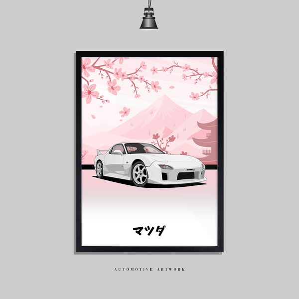 Mazda - RX7 White | 2 Frame Options / Print Only Also Available (A5-A3) | Digitally Hand Drawn Automotive Artwork