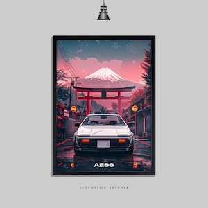 May include: A white car with the text "AE86" on the rear bumper drives through a red Japanese gate with Mount Fuji in the background. The scene is illustrated in a digital art style with a pink and red colour scheme.