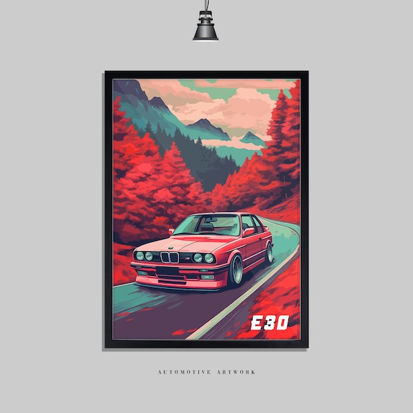 E30 M3 | 2 Rahmenoptionen / Druck nur auch verfügbar (A5-A3) | Digital Hand gezeichnet + AI unterstützt | Automobiles Kunstwerk