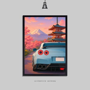 Könnte beinhalten: Gerahmter Kunstdruck eines hellblauen Sportwagens auf einer Straße, mit einer japanischen Pagode und dem Berg Fuji im Hintergrund. Das Kunstwerk hat eine lebendige Farbpalette aus Rosa, Orange und Blau. Der Text "AUTOMOTIVE ARTWORK" befindet sich unten.