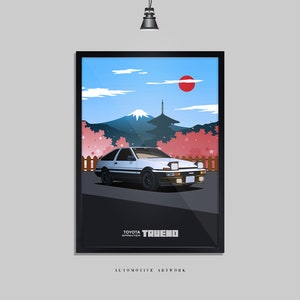 Könnte beinhalten: Ein weißer Toyota Trueno AE86 Sportwagen mit schwarzen Akzenten ist vor einer Berglandschaft mit Kirschblüten geparkt. Das Auto ist zum Betrachter gewandt und der Berg befindet sich im Hintergrund. Der Text "TOYOTA SPRINTER TRUENO" befindet sich am unteren Rand des Bildes.