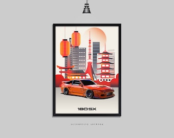 Nissan - 180 SX | 2 Frame Options / Print Only Also Available (A5-A3) | Digitally Hand Drawn Automotive Artwork