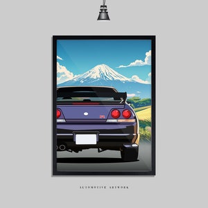 issan - R33 Skyline Hinten | 2 Rahmenoptionen / Druck nur auch verfügbar (A5-A3) | Digital Hand gezeichnete Automobile Grafik