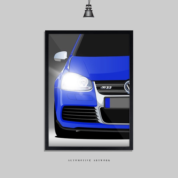 Volkswagen - Golf R32 Front | 2 Frame Options / Print Only Also Available (A5-A3) | Digitally Hand Drawn Automotive Artwork