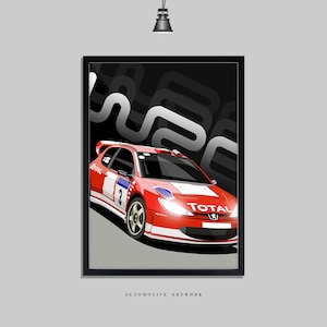 Rally - Peugeot 206 WRC | 2 Frame Options / Print Only Also Available (A5-A3) | Digitally Hand Drawn Automotive Artwork