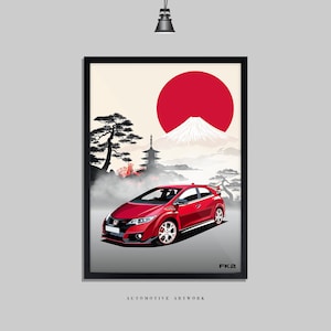 Könnte beinhalten: Ein roter Honda Civic Type R mit einem schwarzen Spoiler und schwarzen Felgen steht vor einer japanischen Berglandschaft mit einer roten Sonne und einem Pagodentempel. Das Auto trägt den Text "FK2" unten rechts und "AUTOMOTIVE ARTWORK" unten in der Mitte.