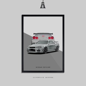 Nissan - R34 Skyline | 2 Frame Options / Print Only Also Available (A5-A3) | Digitally Hand Drawn Automotive Artwork