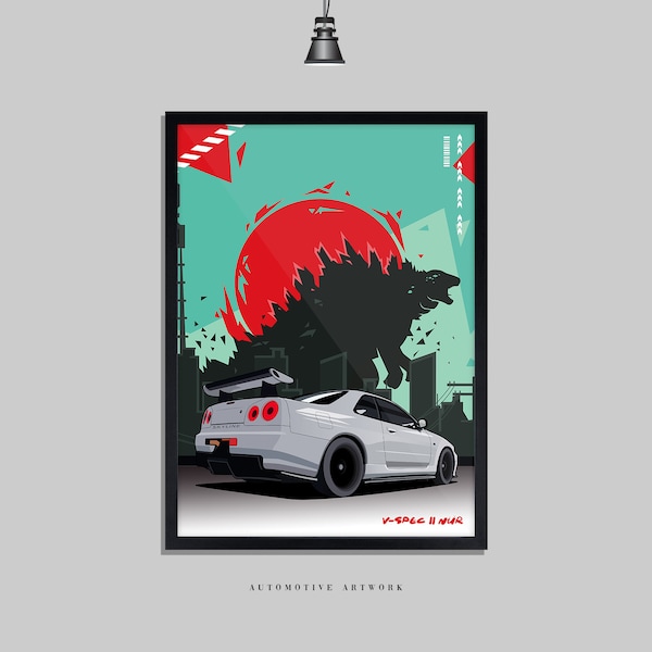 Nissan - Skyline V-Spec ll Rolling | 2 Frame Options / Print Only Also Available (A5-A3) | Digitally Hand Drawn Automotive Artwork