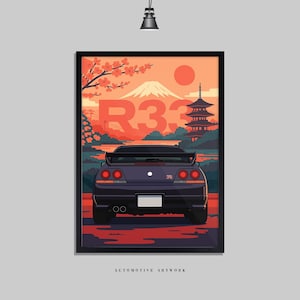 issan - R33 Skyline Hinten #2 | 2 Rahmenoptionen / Druck nur auch verfügbar (A5-A3) | Digital Hand gezeichnete Automobile Grafik