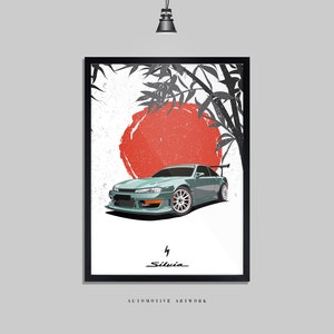 Nissan - Silvia S14 | 2 Frame Options / Print Only Also Available (A5-A3) | Digitally Hand Drawn Automotive Artwork