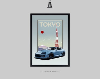 Toyota - Supra MK4 | 2 Frame Options / Print Only Also Available (A5-A3) | Digitally Hand Drawn Automotive Artwork