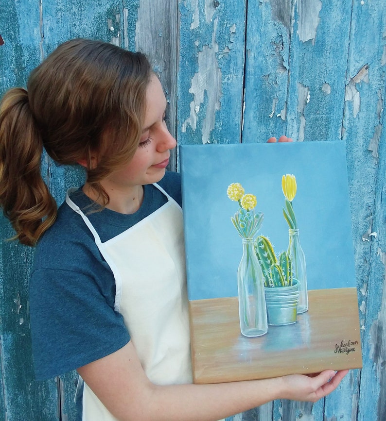 Home Decor Yellow Tulips Still Life Original Acrylic Painting