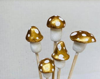 Whimsical Mini Mushroom Plant Stakes - Set of 5 - White & Gold Clay Decor for Houseplants