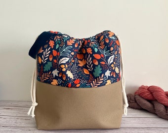 Grand sac à projets avec cordon de serrage pour tricot, crochet ou travaux manuels, feuilles d'automne