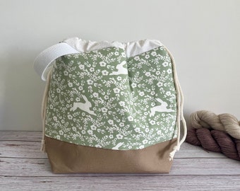 Grand sac à projets avec cordon de serrage pour tricot, crochet ou travaux manuels, Lapins printaniers