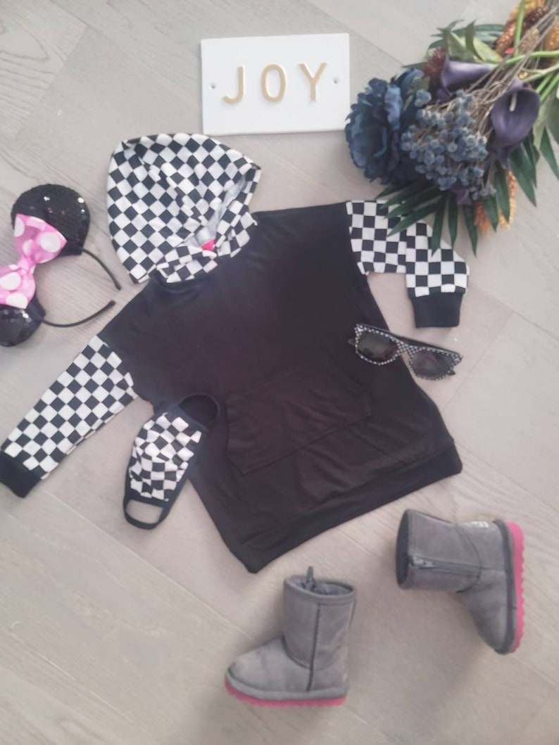 FaceMask Set Free Gift US Handmade Toddler/'s /& Kid/'s Girl/'s and Boy/'s Unisex Clothing Contrast Checkerboard Plaid Kangaroo Pocket Hoodie