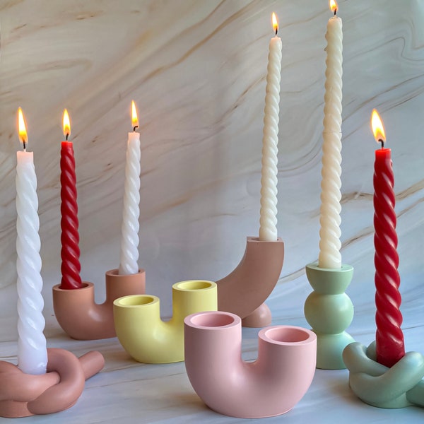Knot, U-shaped and curved candlestick holders, Taper candle holder, Pillar candle holder, Nordic style handmade pastel color candle holders