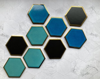 Ceramic coasters, Drinks and barware, Stylish green, black and blue ceramic hexagon dining room coasters,  Housewarming and gift idea