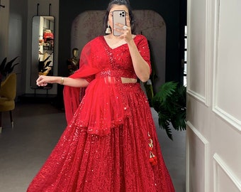 Party Red Lehenga Choli pour femme, vêtements de soirée indiens lehenga choli femme prêt-à-porter Etats-Unis, cérémonie de mariage en Inde lehenga choli, lehenga choli