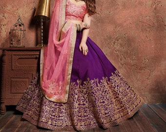 Lehenga choli violet attrayant pour femme, broderie de séquence de fils de soie de mûrier de créateur indien prêt à faire la fête Lehenga Choli