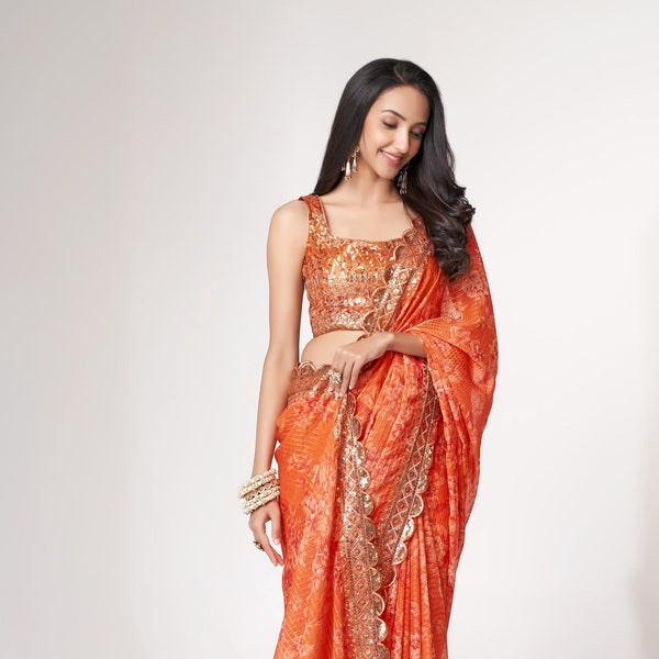 Trendy Orange saree for women, Indian white partywear saree blouse, saree for women usa, Sequins embroidery work digital print organza saree