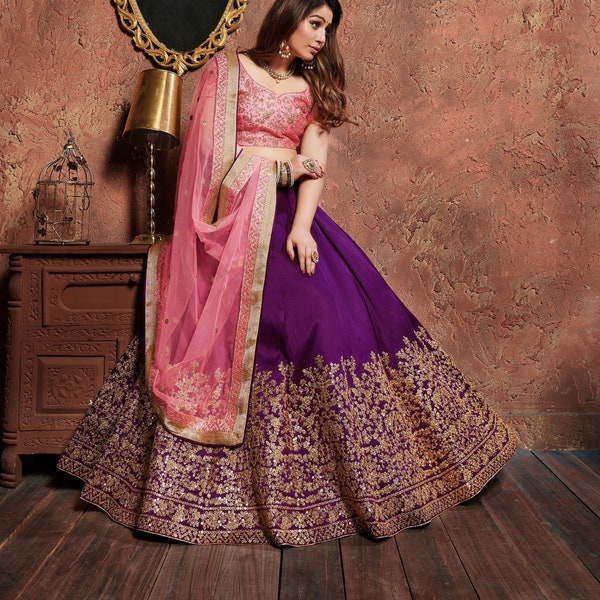 Lehenga choli violet attrayant pour femme, broderie de séquence de fils de soie de mûrier de créateur indien prêt à faire la fête Lehenga Choli