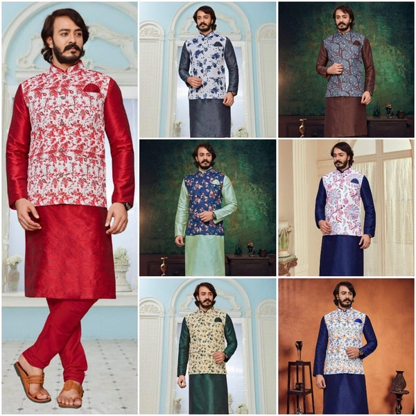 Pyjama Kurta de mariage pour homme avec veste, ensemble de kurts pour homme festif, ensemble kurta pour homme, tenue de mariage pour homme, tenue de mariage pour homme indien