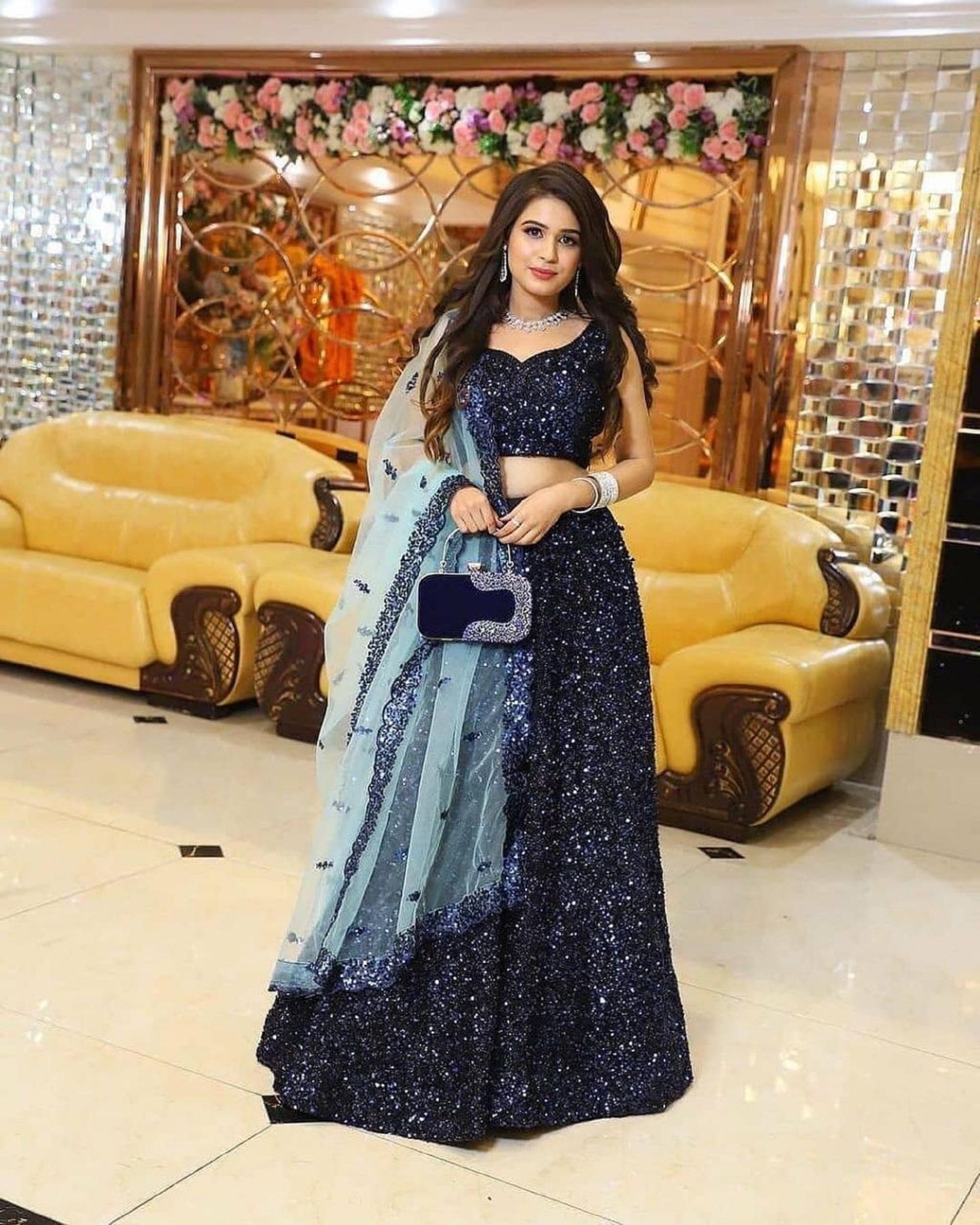 Latest Navy Blue Party Wear Sequin Crop Top Lehenga – FOURMATCHING