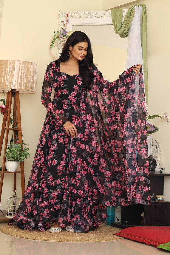 Printed Banarasi Silk Long Frock Dress, Anarkali, Half Sleeves at