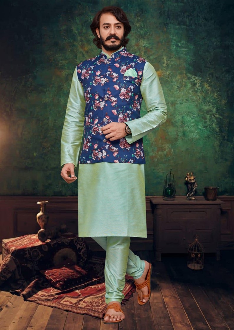 Pyjama Kurta de mariage pour homme avec veste, ensemble de kurts pour homme festif, ensemble kurta pour homme, tenue de mariage pour homme, tenue de mariage pour homme indien Design 5