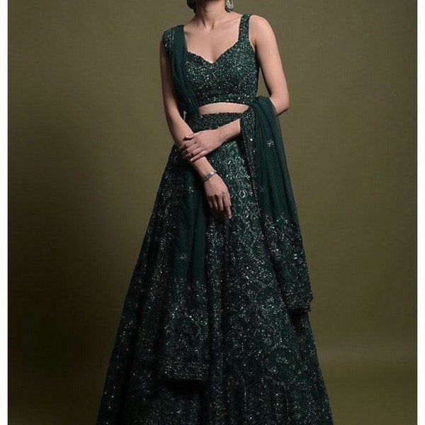 Alluring Green Net lehenga choli for women with sequence thread & dori work, Indian Designer Ready to wear partywear Lehenga Choli with belt