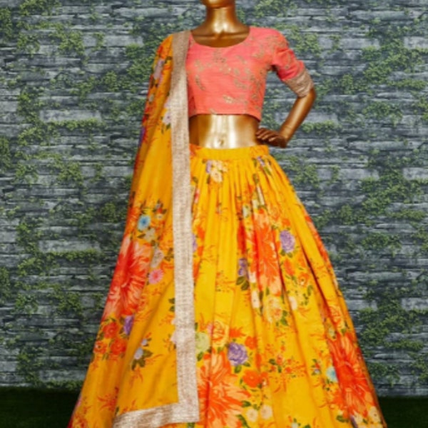 Lehenga choli élégant prêt-à-porter floral jaune || Demoiselle d'honneur Lehenga Choli || Mariage indien Lehenga Choli