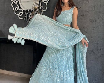 Magnifique Lehenga Choli brodé en georgette avec bordure fantaisie Dupatta, prêt-à-porter de créateur indien Lehenga Choli, Lehnga choli