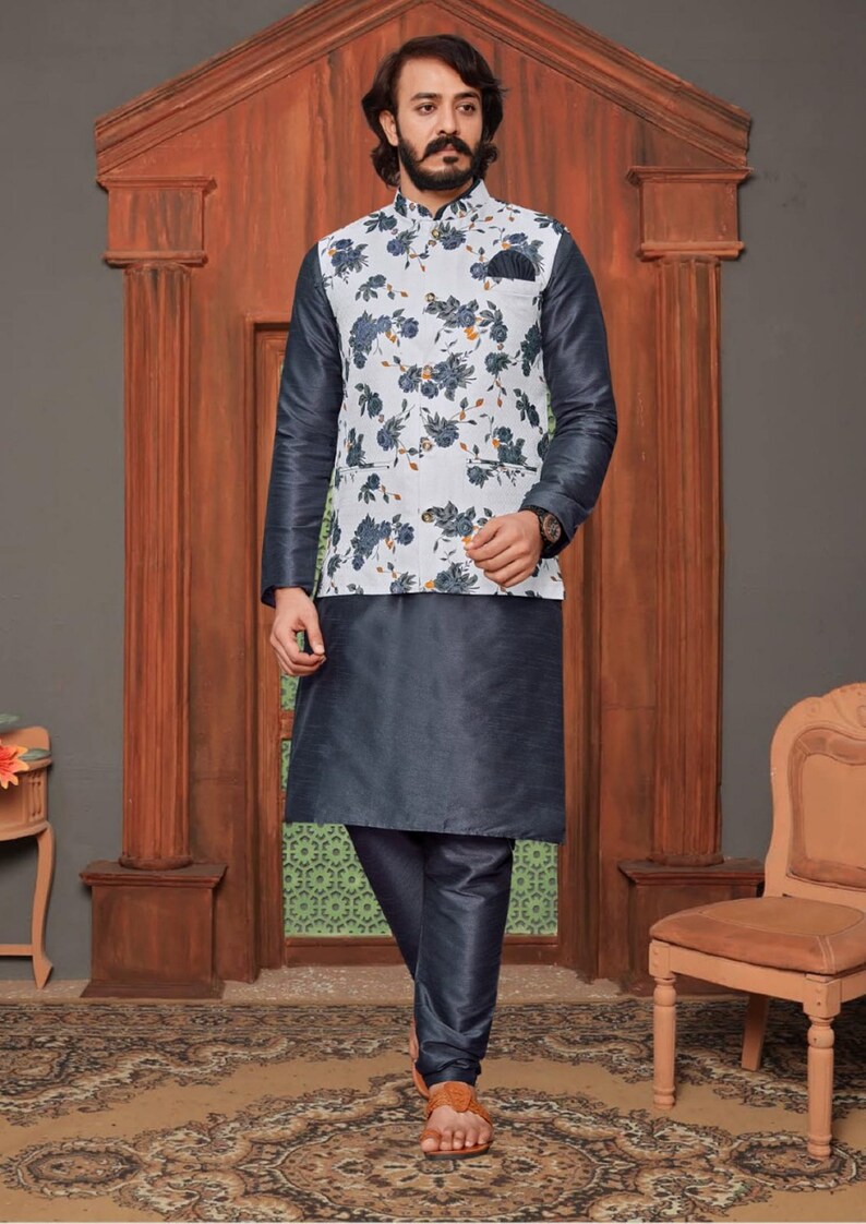 Pyjama Kurta de mariage pour homme avec veste, ensemble de kurts pour homme festif, ensemble kurta pour homme, tenue de mariage pour homme, tenue de mariage pour homme indien Design 6
