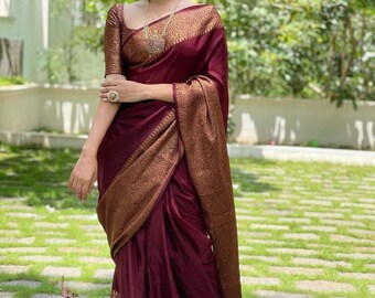 Sari festif en soie marron tendance style Bollywood, tenues de soirée pour mariage, sari en soie de créateur exclusif, sari dernier cri tendance