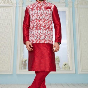 Pyjama Kurta de mariage pour homme avec veste, ensemble de kurts pour homme festif, ensemble kurta pour homme, tenue de mariage pour homme, tenue de mariage pour homme indien Design 4