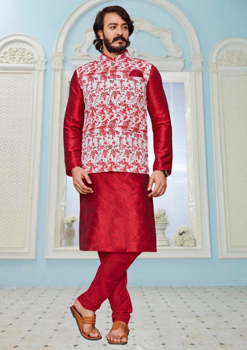 Pyjama Kurta de mariage pour homme avec veste, ensemble de kurts pour homme festif, ensemble kurta pour homme, tenue de mariage pour homme, tenue de mariage pour homme indien Design 4