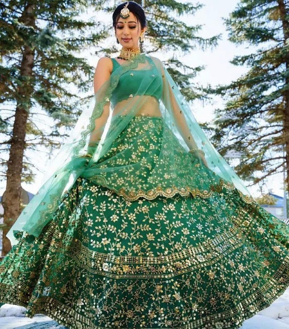 Elegant Green Lehenga Choli With Dupatta ,indian Designer Ready Wear to  Partywear Net With Sequence 9 Mm Work With Embroidery Lehenga Choli 