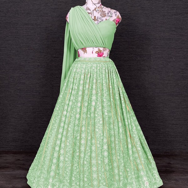 Attractive pista lehenga choli for Women with dupatta , Indian Designer USA Free shipping Net with Sequins Embroidery Work Lehenga Choli