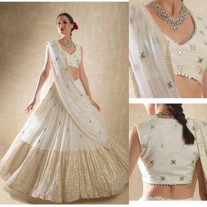 Ethnic White lehenga choli for women ready towear in USA , Free Shipping Indian Crystalsilk withsequence,zari & foilmirrorwork lehenga choli