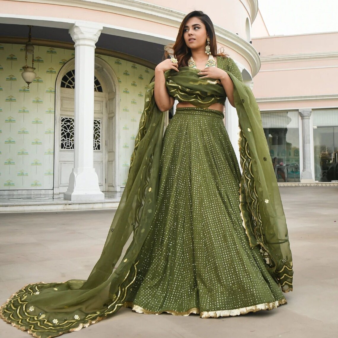 Fabulous Olive Green Lehenga Choli With Dupatta indian Etsy