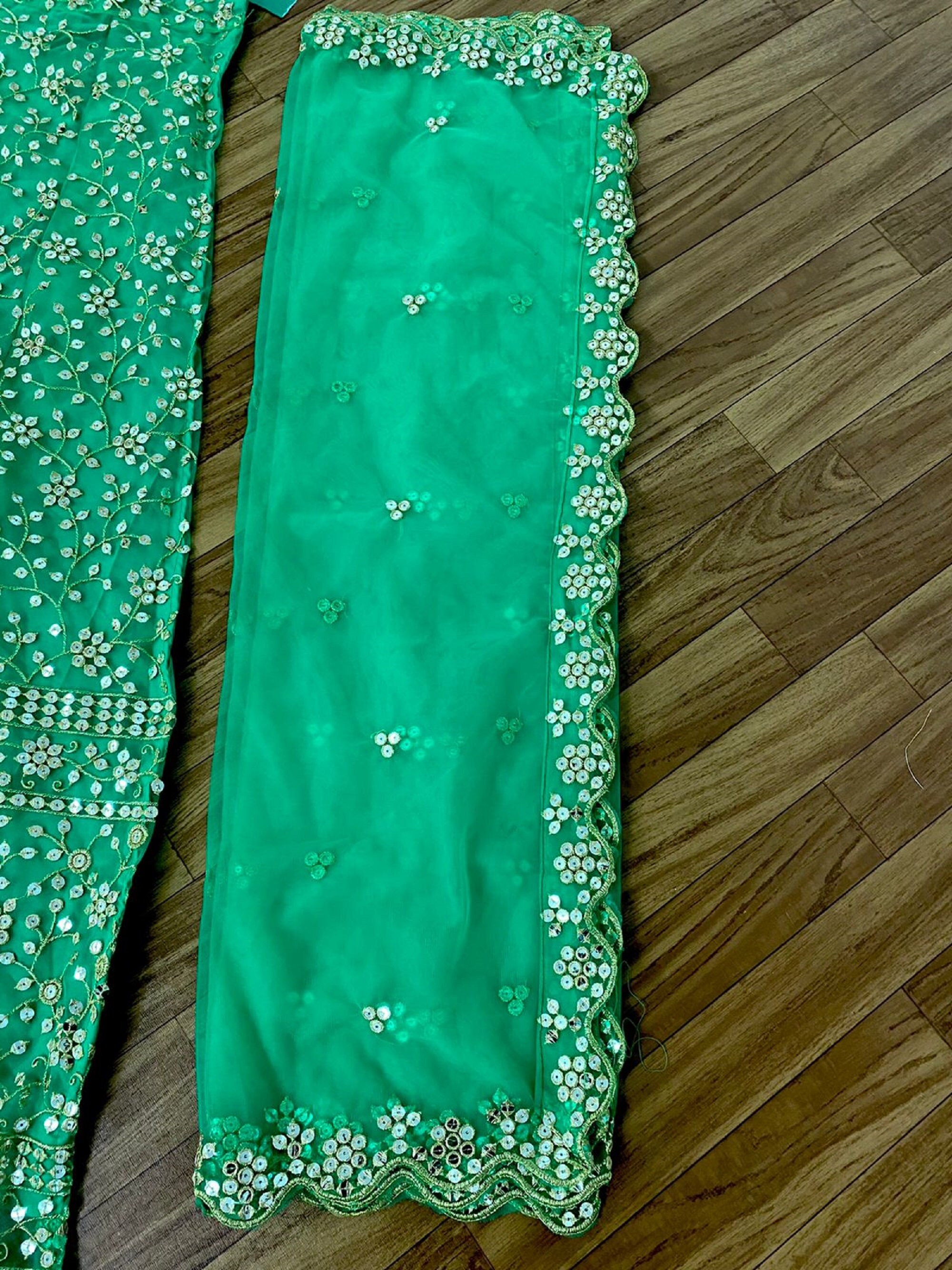 Green Embroidered Lehenga Choli with Blue Dupatta