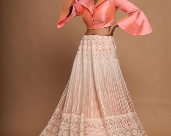 Fabulous Peach lehenga Choli  ,Indian Designer Ready to wear partywear Lehenga Choli, Net with Lucknowi with Two Tone silk Blouse Lehenga