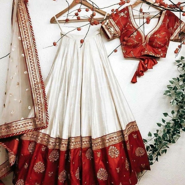 Charming White and Red lehenga choli for women, Silk taffeta lehenga choli with stunning dupatta and exclusive embroidery red blouse